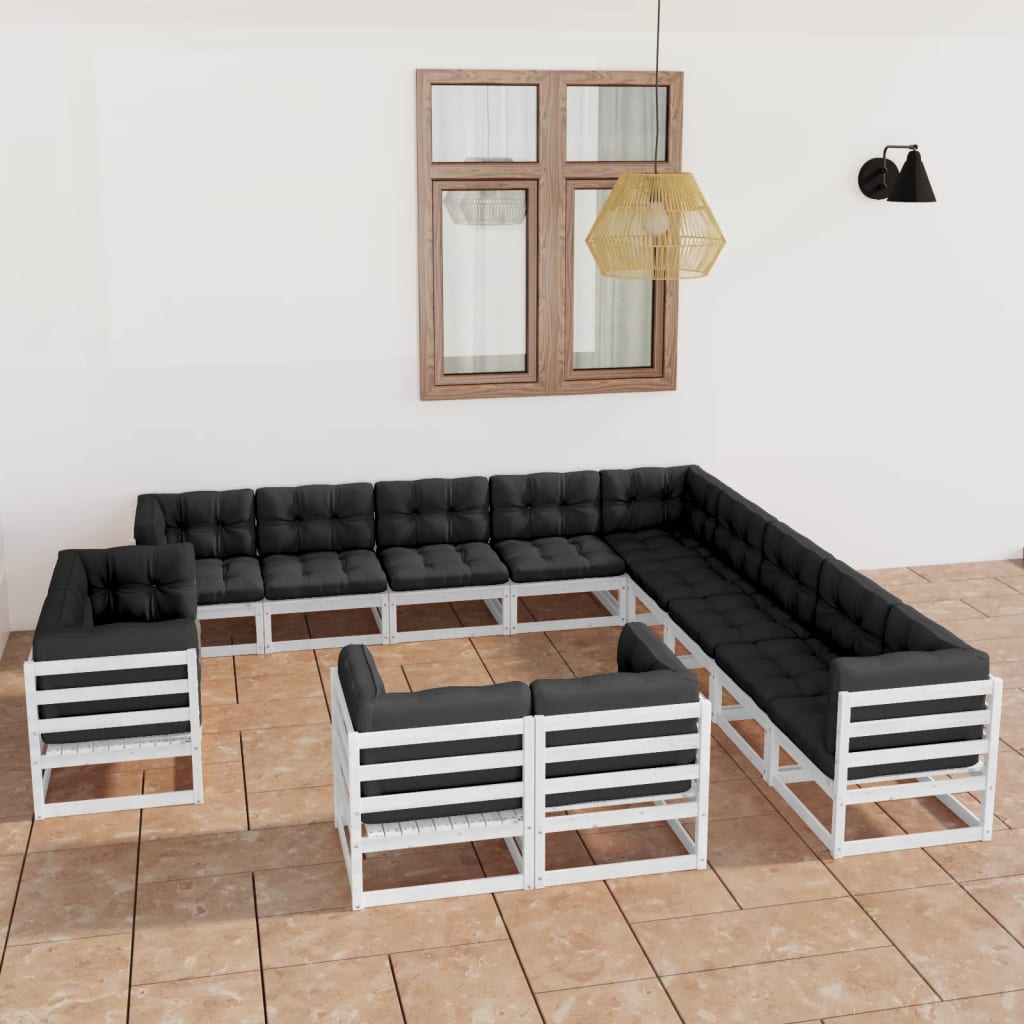13-tlg. Garten-Lounge-Set mit Kissen Weiss Kiefer Massivholz